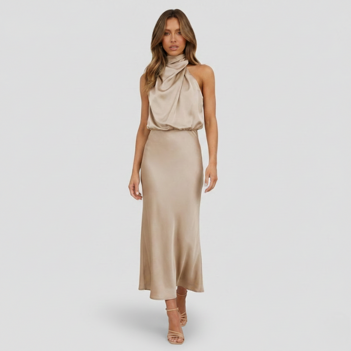 NOMU | Women's Satin Maxi Dress – Sleeveless High Neck Draped Design