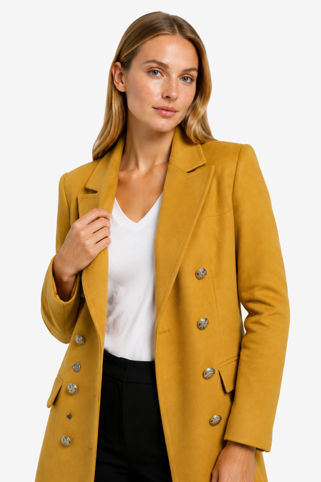 NOMU | Women's Long Button Front Coat – Double Breasted Design with Notched Lapels