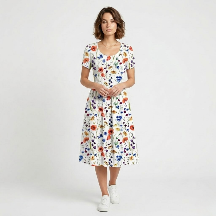 NOMU | Women's Floral Print Midi Dress – Short Sleeve Relaxed Fit
