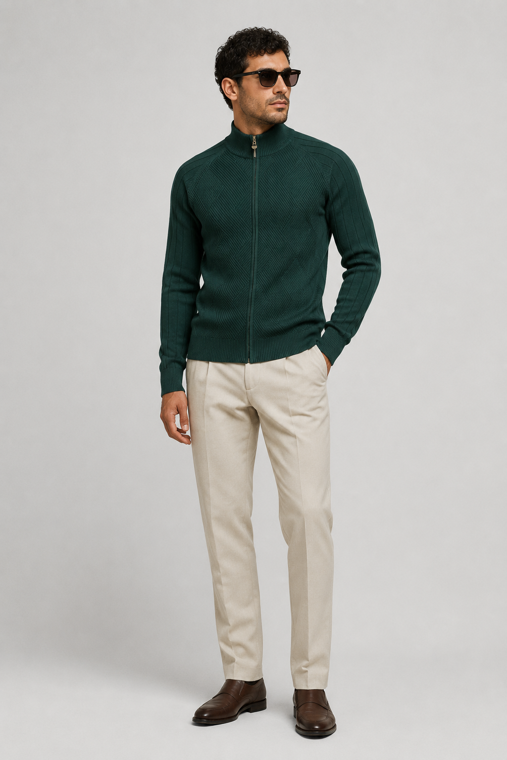 NOMU | Men's Zip-Up Knit Sweater Jacket – Textured Stand Collar Cardigan