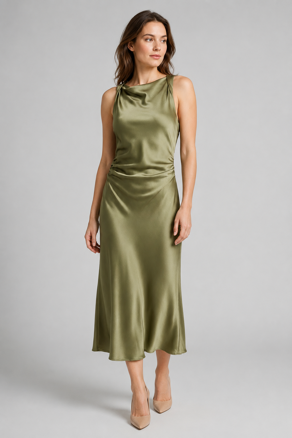 NOMU | Women's Satin Sleeveless Midi Dress – Elegant Draped Evening Slip Dress