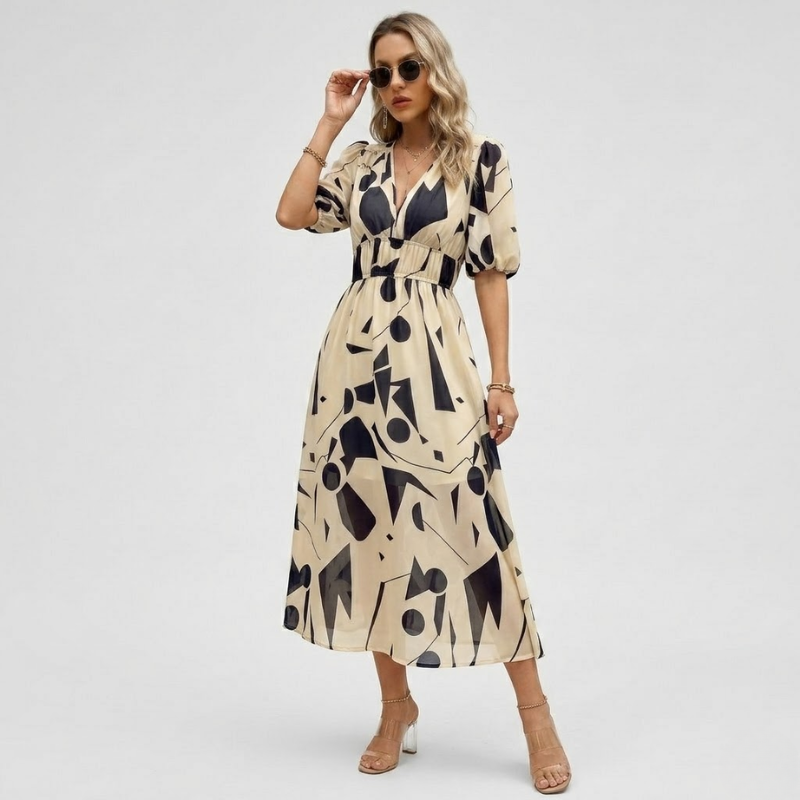 NOMU | Women's Abstract Print Midi Dress – V Neck Puff Sleeve Elastic Waist Design