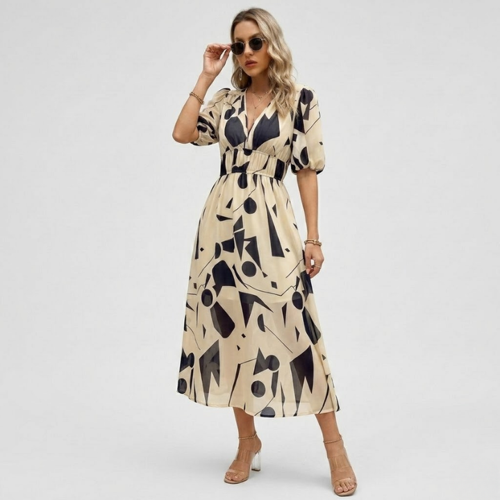 NOMU | Women's Abstract Print Midi Dress – V Neck Puff Sleeve Elastic Waist Design