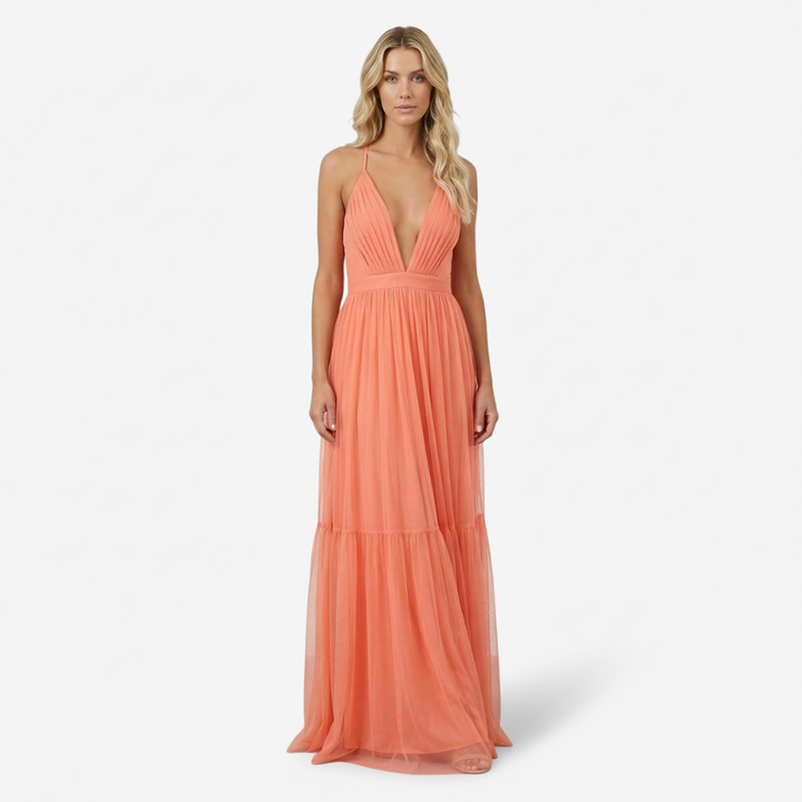 NOMU | Women's Pleated Deep V-Neck Maxi Dress – Elegant Sleeveless Evening Dress