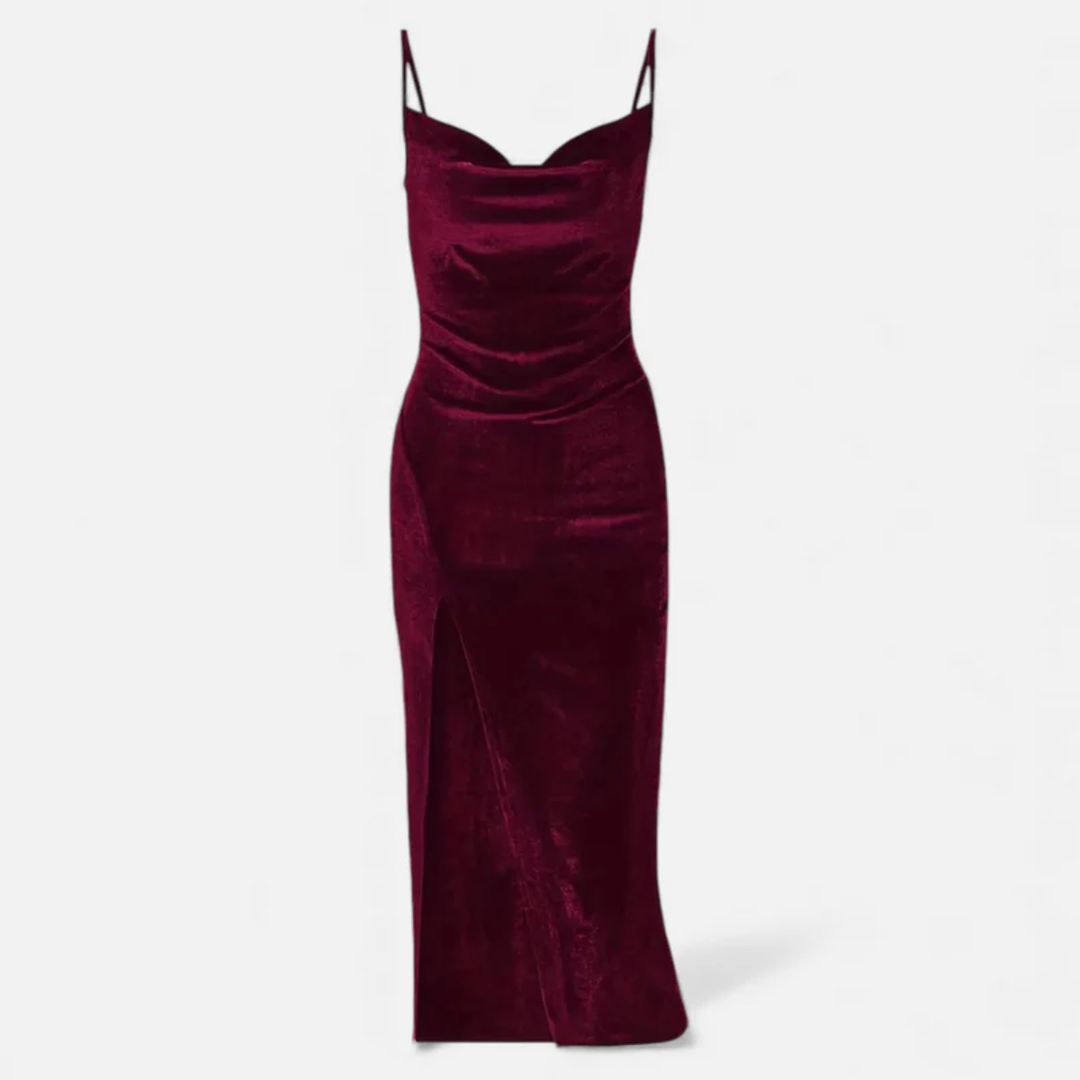 NOMU | Women's Velvet Cowl Neck Midi Dress – Elegant Sleeveless Slit Evening Gown