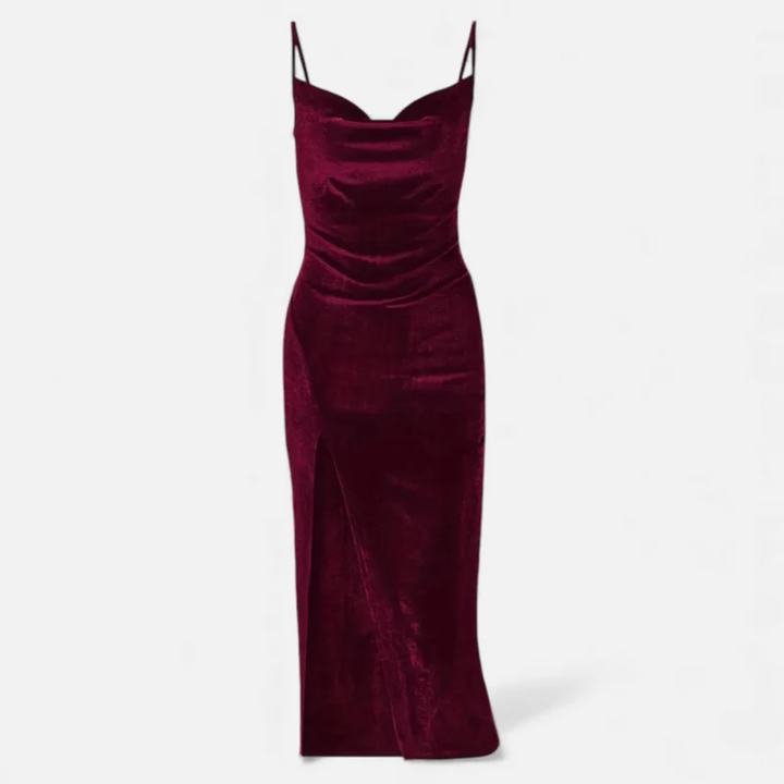 NOMU | Women's Velvet Cowl Neck Midi Dress – Elegant Sleeveless Slit Evening Gown