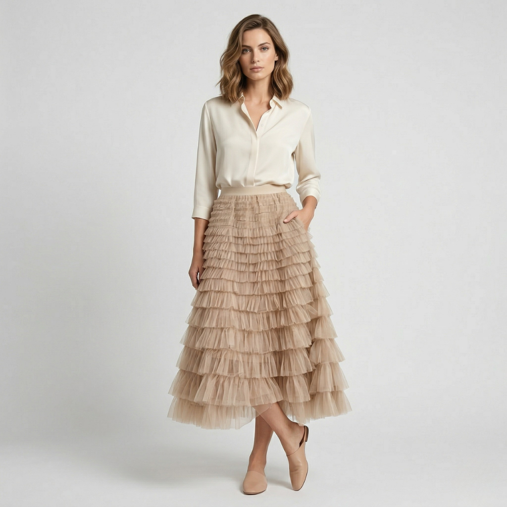 NOMU | Women’s Layered Ruffle Tulle Midi Skirt