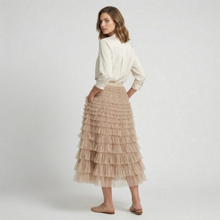 NOMU | Women’s Layered Ruffle Tulle Midi Skirt