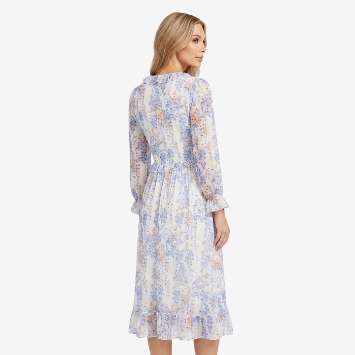 NOMU | Women's Floral Midi Dress – V Neck Long Sleeve Ruffle Trim Design