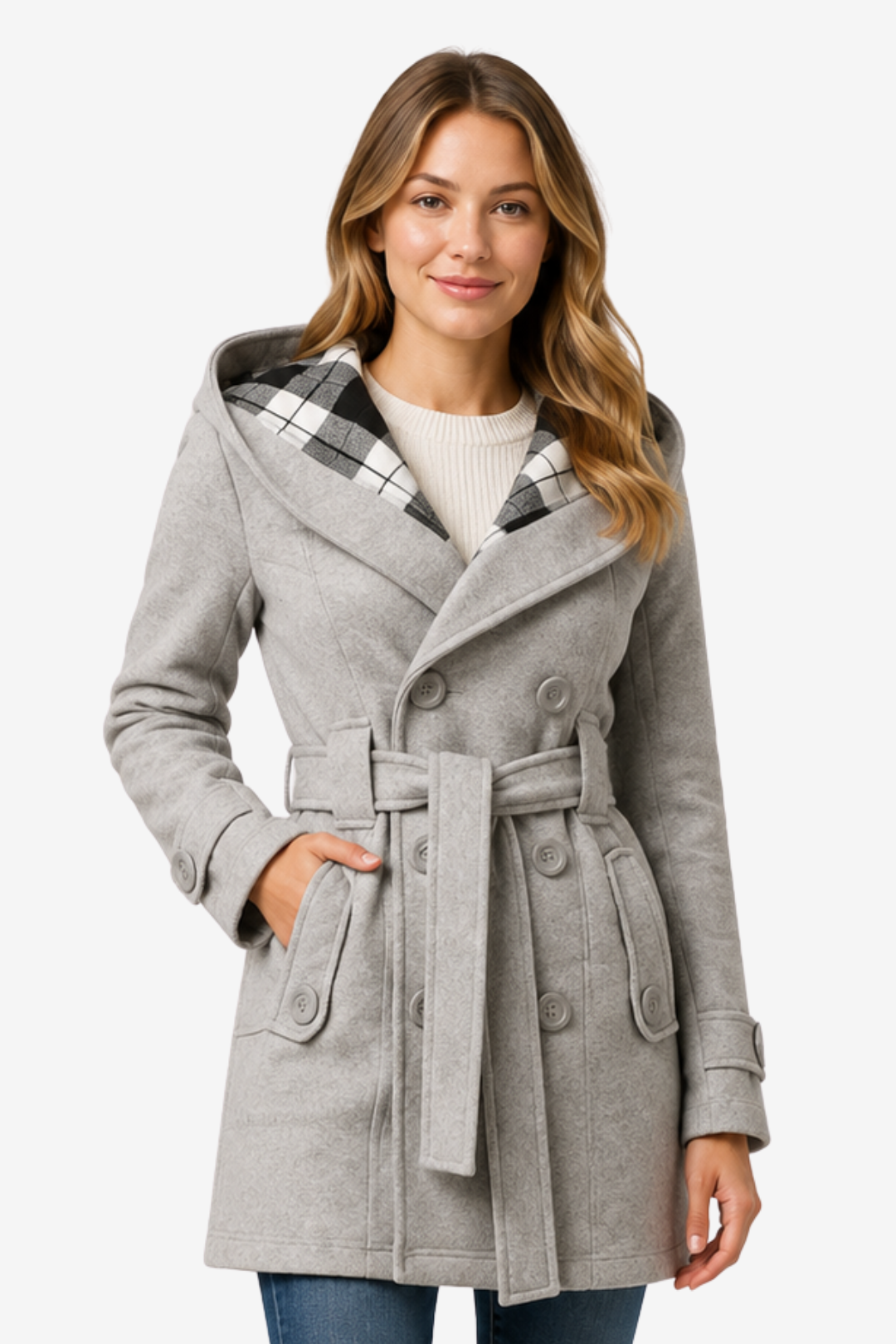NOMU | Women's Hooded Trench Coat – Double Breasted Belted Design