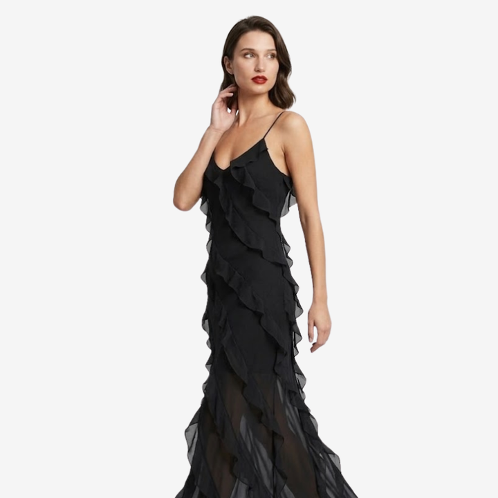 NOMU | Women's Sheer Ruffle Maxi Dress – Elegant Spaghetti Strap Evening Party Dress