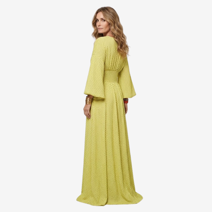 NOMU | Women's Printed Empire Waist Maxi Dress – Elegant Long Sleeve Boho Dress