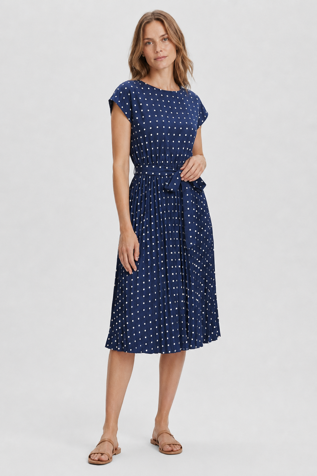 NOMU | Women's Polka Dot Midi Dress – Short Sleeve Tie Waist Pleated Design