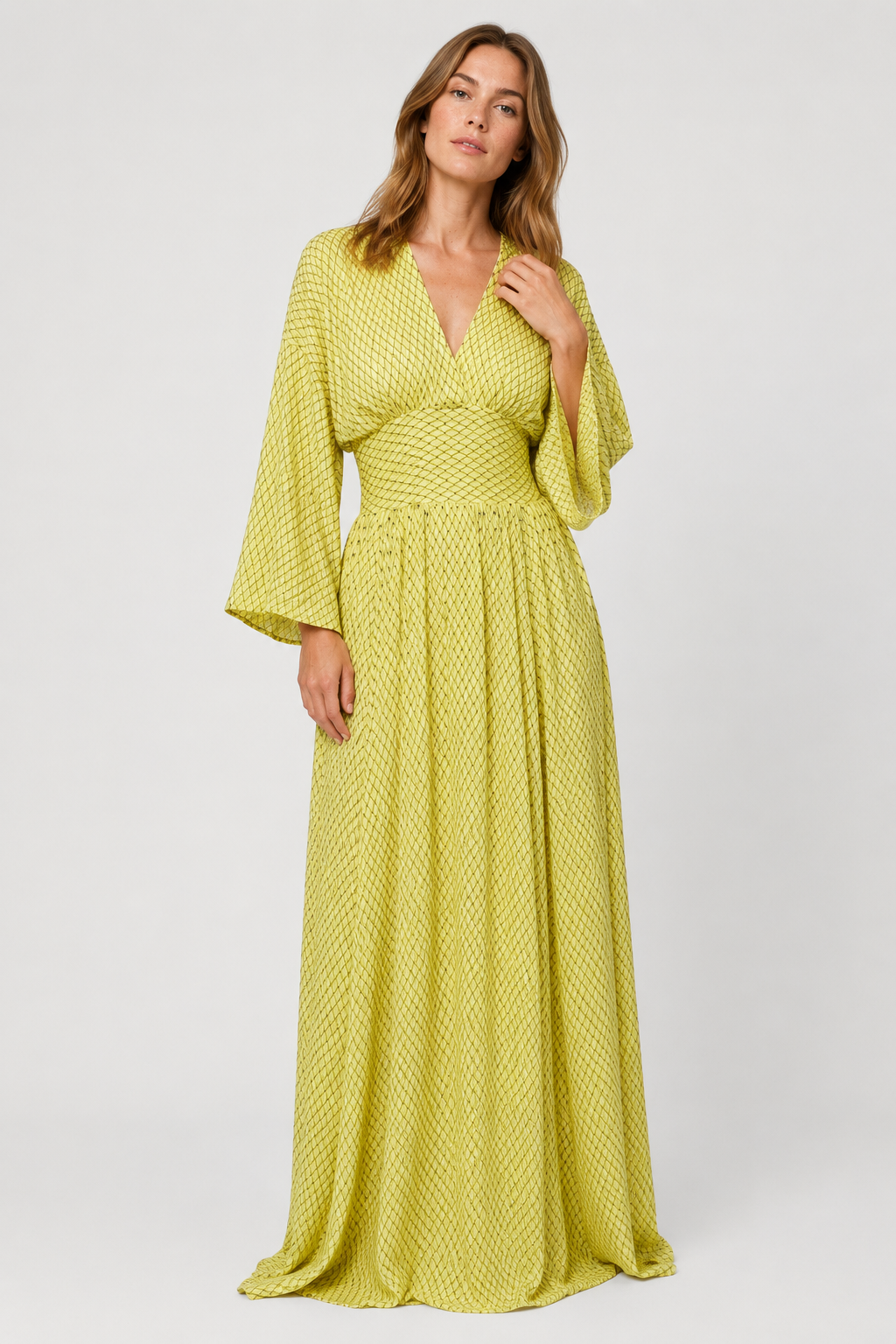 NOMU | Women's Printed Empire Waist Maxi Dress – Elegant Long Sleeve Boho Dress
