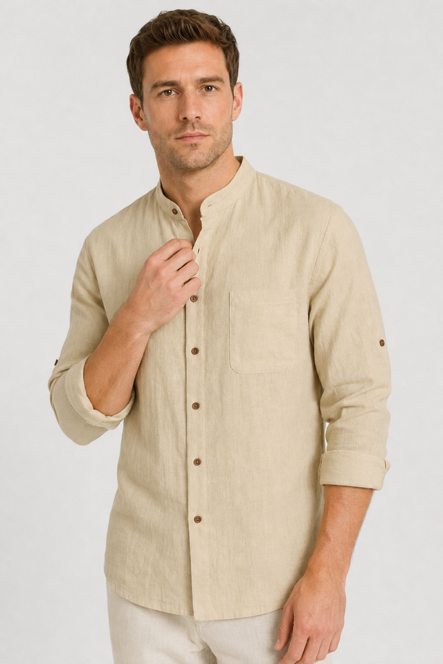 NOMU | Men's Linen Blend Shirt – Long Sleeve Mandarin Collar Button Design