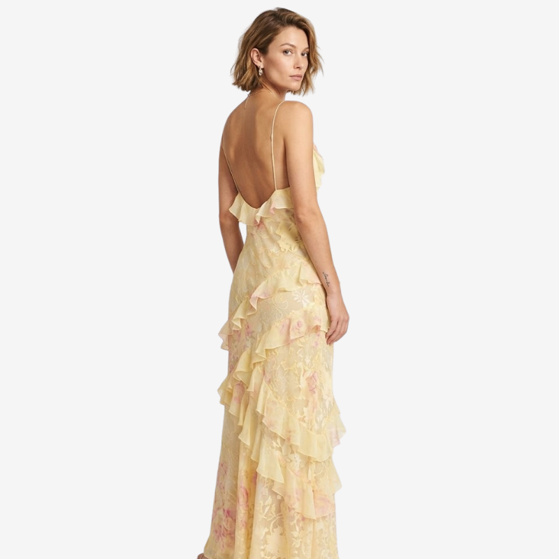 NOMU | Women's Floral Ruffle Maxi Dress – Elegant Sleeveless Layered Party Dress