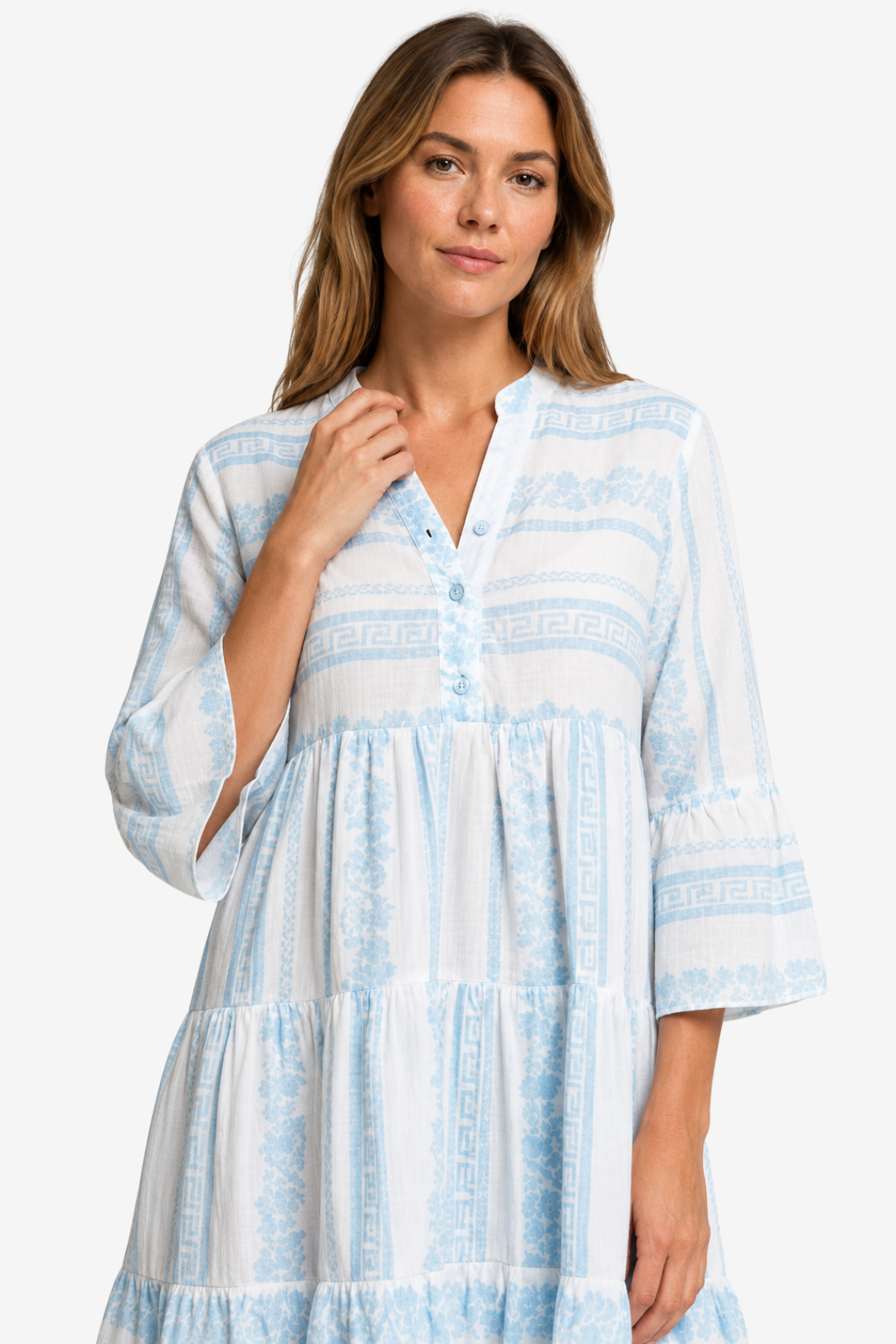 NOMU | Women's Printed Mini Dress – V Neck Button Front Tiered Loose Fit Design