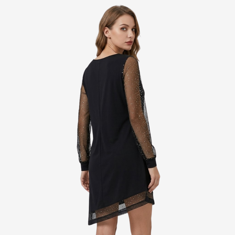 NOMU | Women's Glitter Mesh Sleeve Mini Dress – Elegant Long Sleeve V-Neck Party Dress