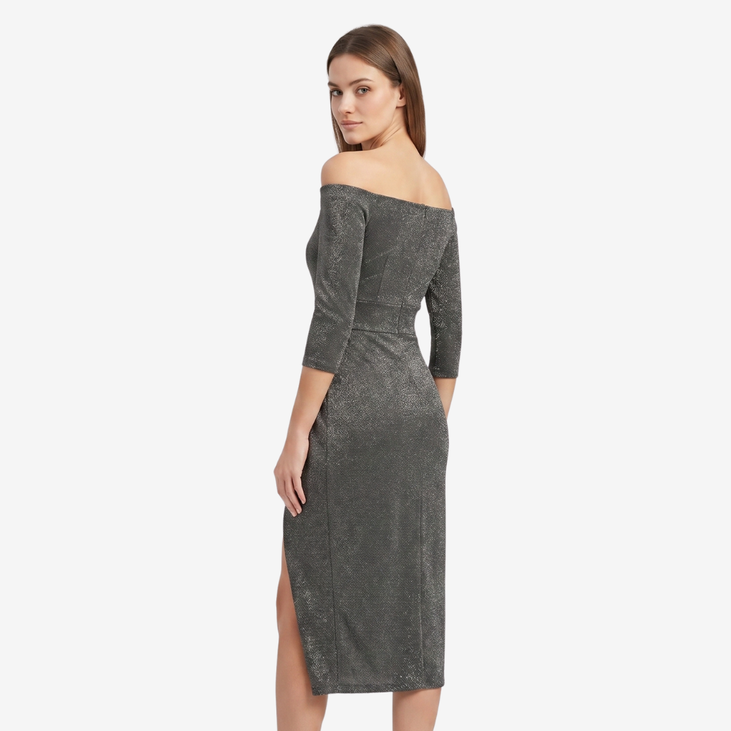 NOMU | Women's Off Shoulder Midi Dress – Long Sleeve Side Slit Fitted Design