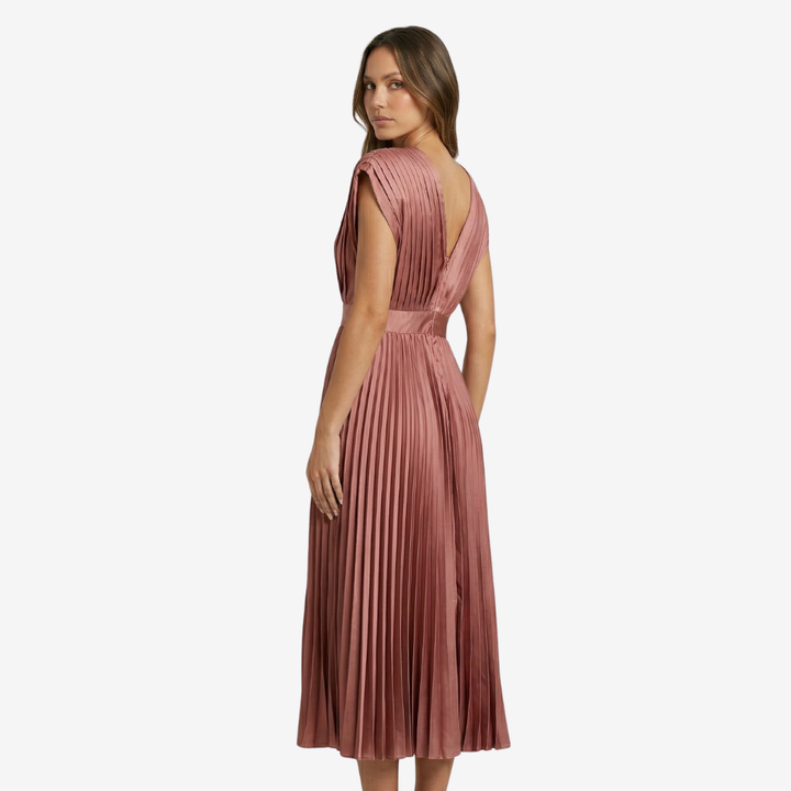 NOMU | Women's Pleated V-Neck Midi Dress – Elegant Sleeveless Flowing Evening Dress