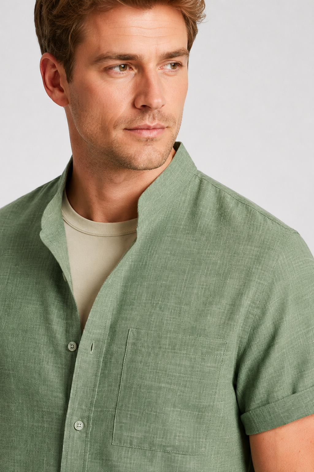 NOMU | Men’s Short Sleeve Mandarin Collar Button Shirt