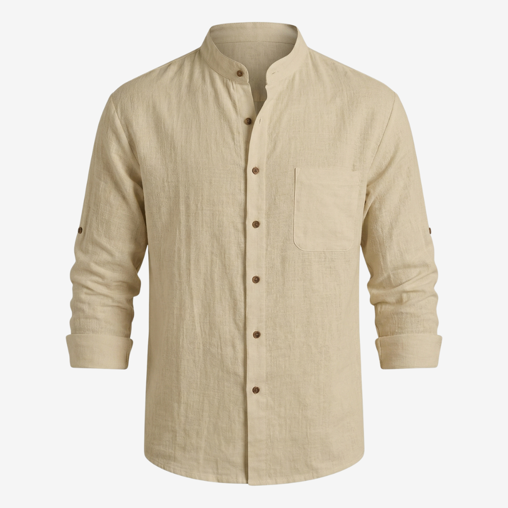 NOMU | Men's Linen Blend Shirt – Long Sleeve Mandarin Collar Button Design
