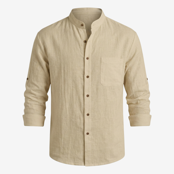 NOMU | Men's Linen Blend Shirt – Long Sleeve Mandarin Collar Button Design