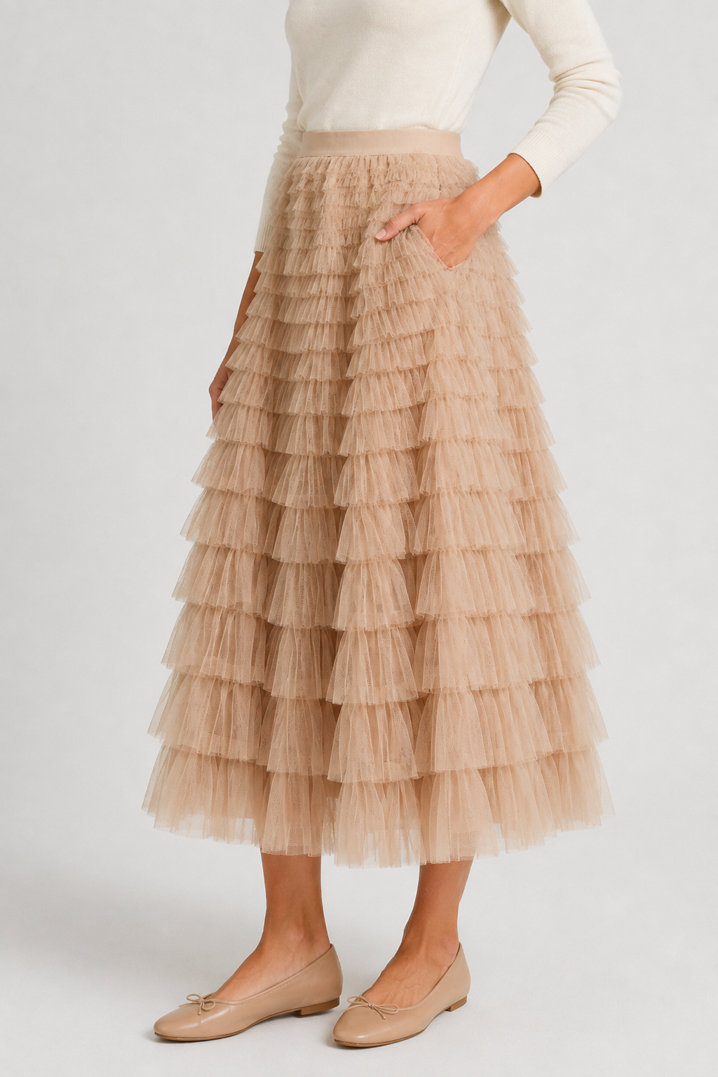 NOMU | Women’s Layered Ruffle Tulle Midi Skirt