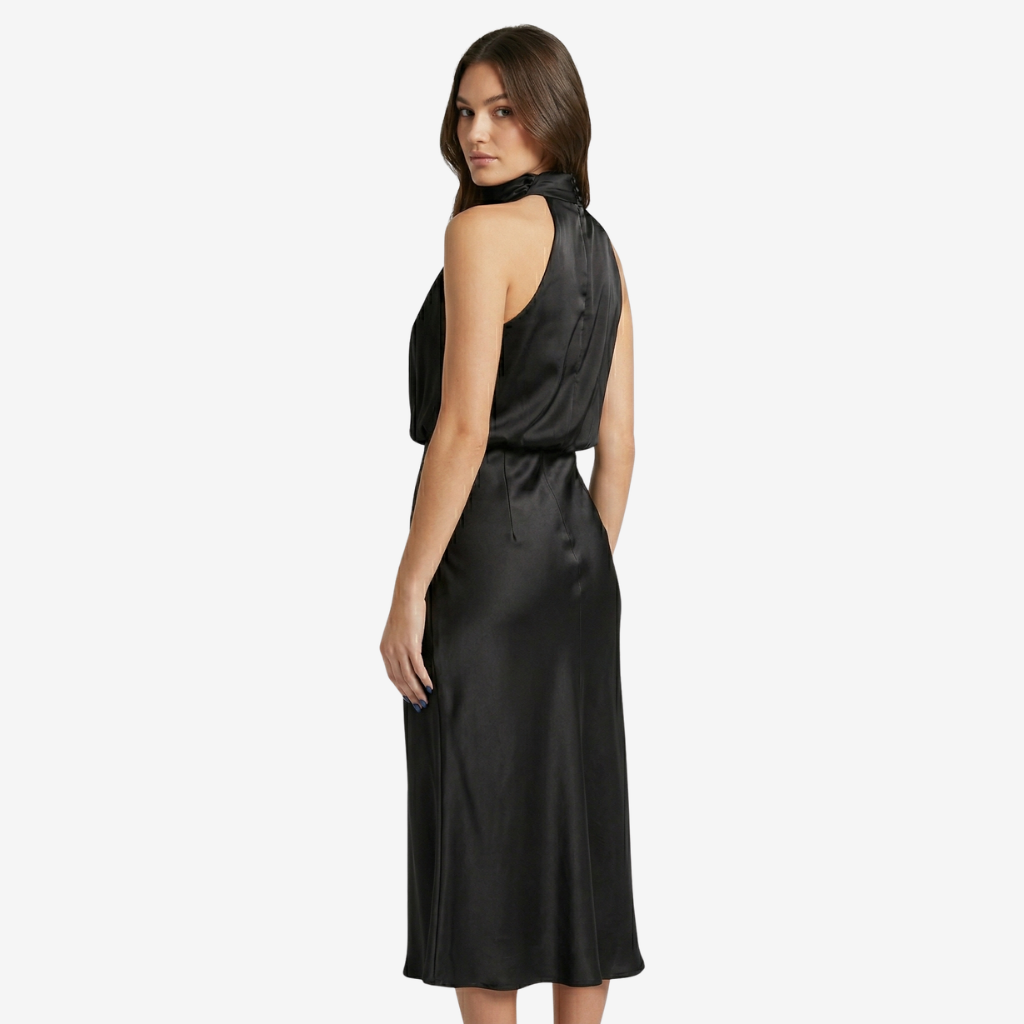 NOMU | Women's Satin High Neck Midi Dress – Elegant Sleeveless Evening Slip Dress