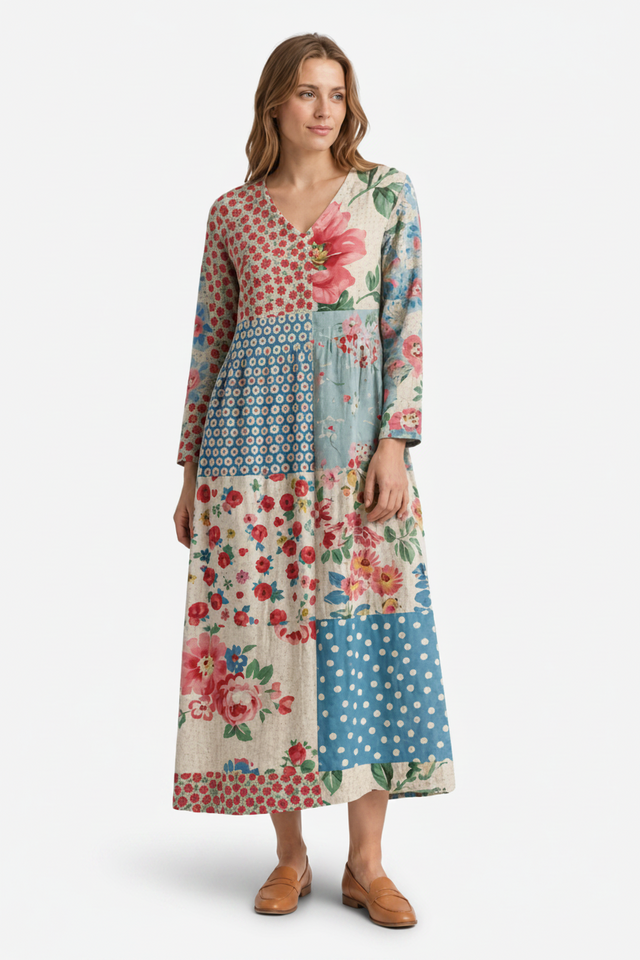 NOMU | Women's Patchwork Midi Dress – Long Sleeve V Neck Relaxed Fit Design