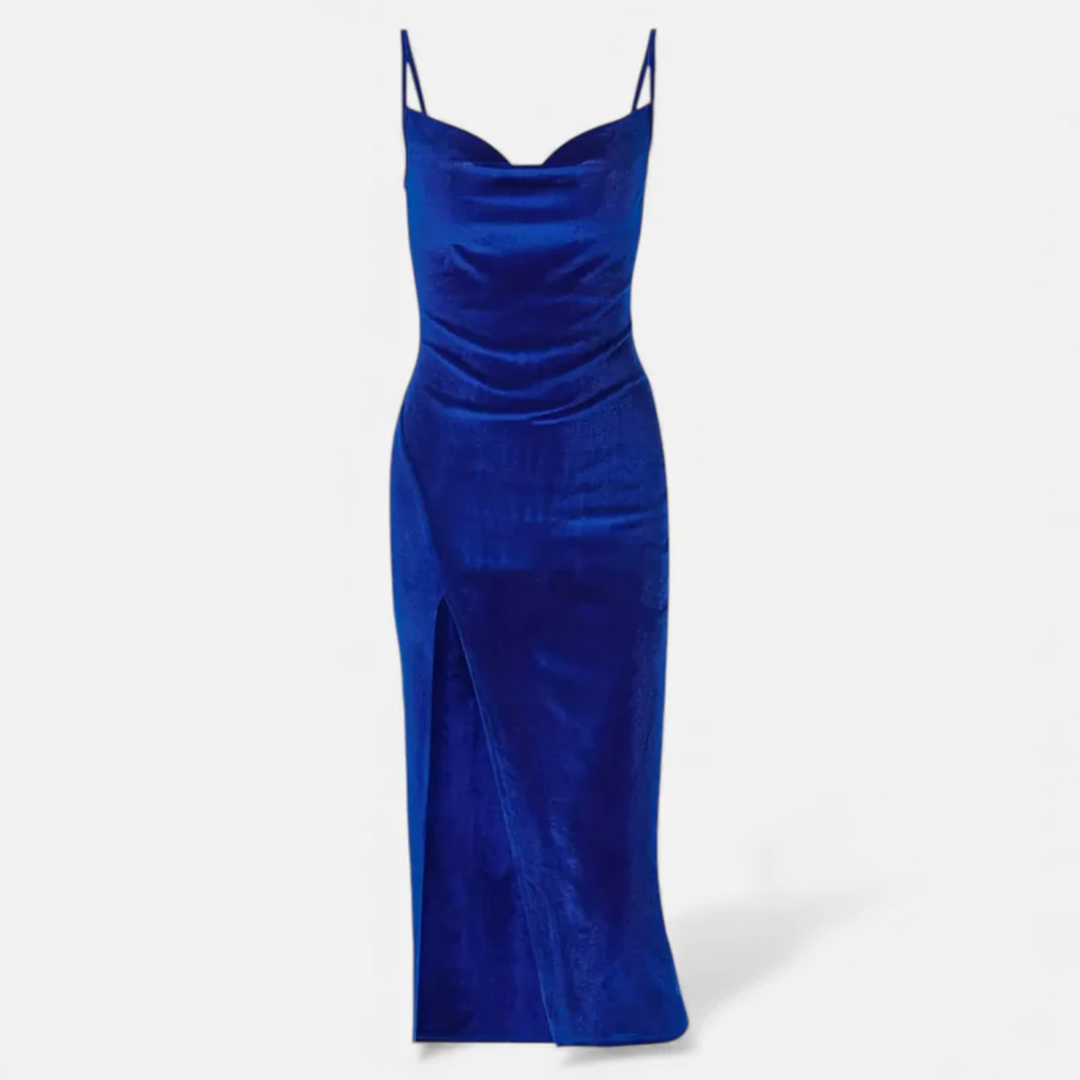 NOMU | Women's Velvet Cowl Neck Midi Dress – Elegant Sleeveless Slit Evening Gown