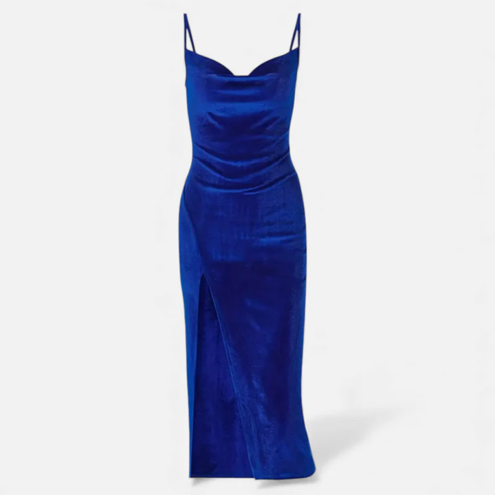 NOMU | Women's Velvet Cowl Neck Midi Dress – Elegant Sleeveless Slit Evening Gown