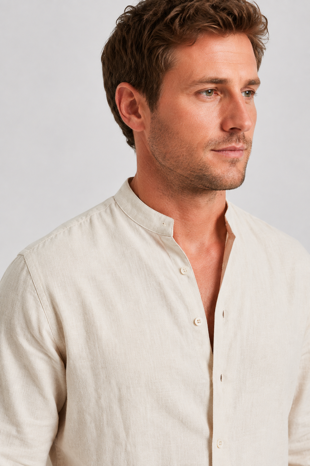 NOMU | Men's Mandarin Collar Linen Button-Down Set – Matching Pants & Drawstring Waist