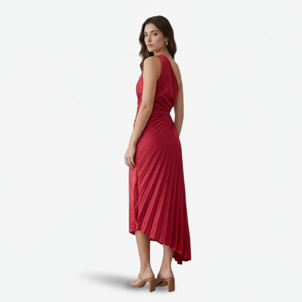 NOMU | Women's One-Shoulder Pleated Midi Dress – Elegant Asymmetrical Evening Dress
