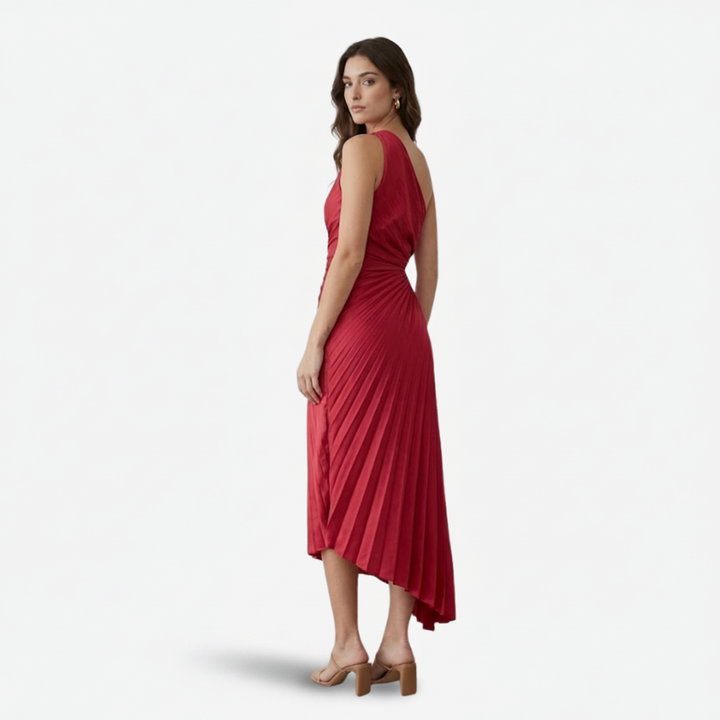 NOMU | Women's One-Shoulder Pleated Midi Dress – Elegant Asymmetrical Evening Dress