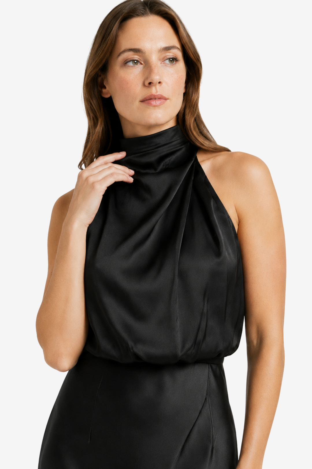 NOMU | Women's Satin High Neck Midi Dress – Elegant Sleeveless Evening Slip Dress