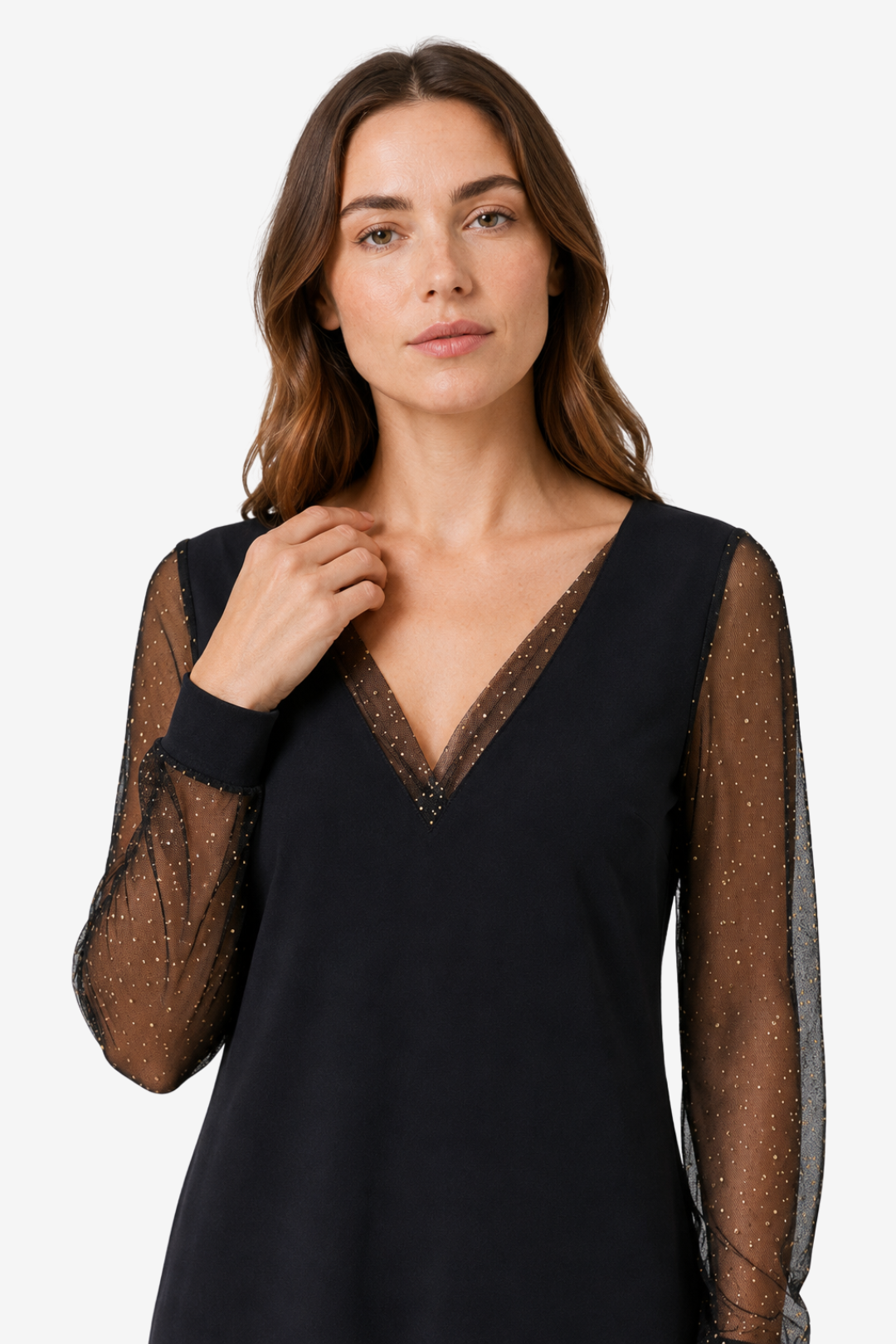 NOMU | Women's Glitter Mesh Sleeve Mini Dress – Elegant Long Sleeve V-Neck Party Dress