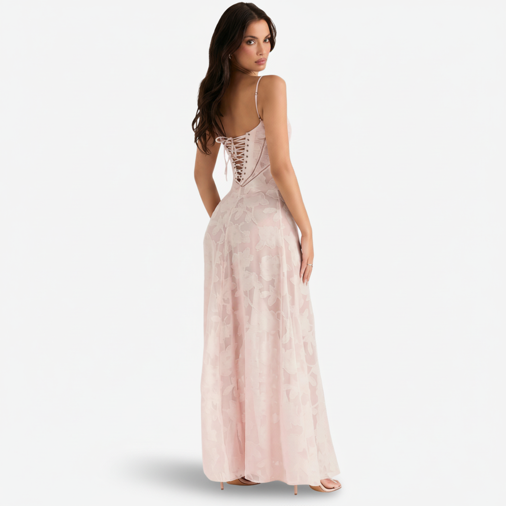 NOMU | Women's Mesh Maxi Dress – Spaghetti Strap Floral Overlay Fitted Design