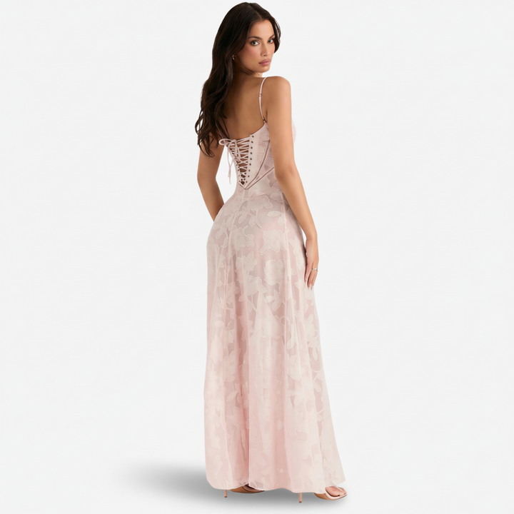 NOMU | Women's Mesh Maxi Dress – Spaghetti Strap Floral Overlay Fitted Design