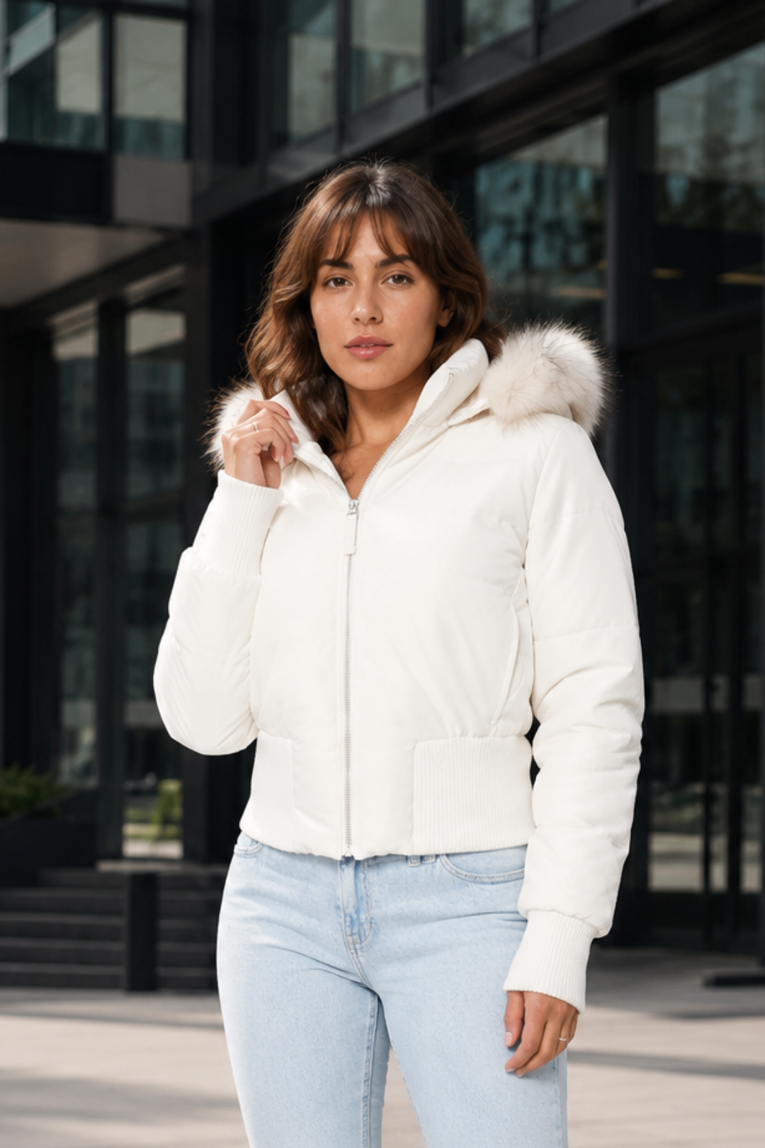 NOMU | Women's Puffer Jacket – Faux Fur Hood Ribbed Trim Zip Up Design