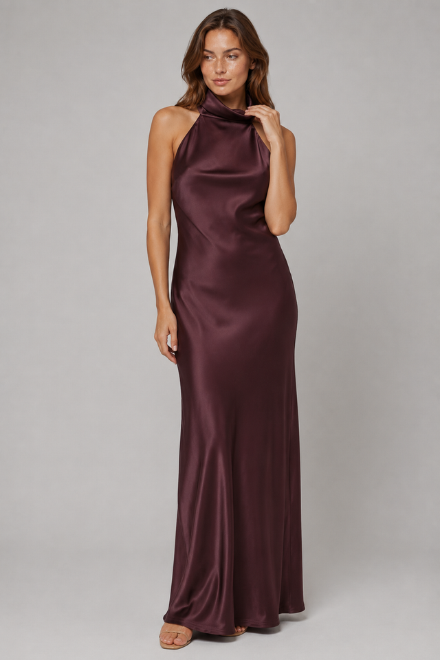 NOMU | Women's Satin Halter Maxi Dress – Elegant Sleeveless Evening Gown