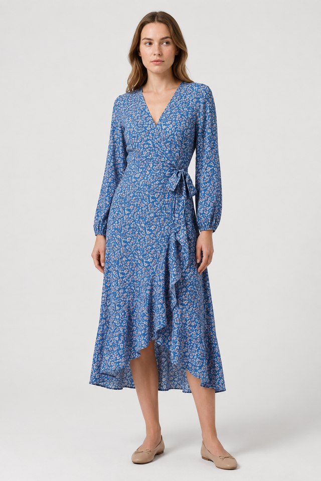 NOMU | Women's Floral Wrap Midi Dress – Long Sleeve Tie Waist Ruffle Hem Design