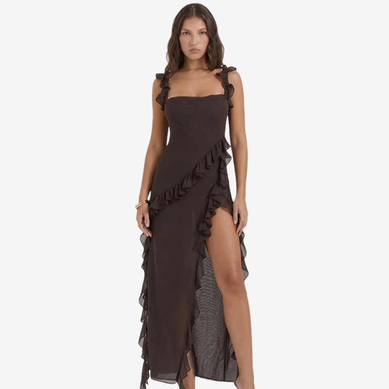 NOMU | Women's Ruffle Trim High Slit Maxi Dress – Elegant Sleeveless Evening Dress