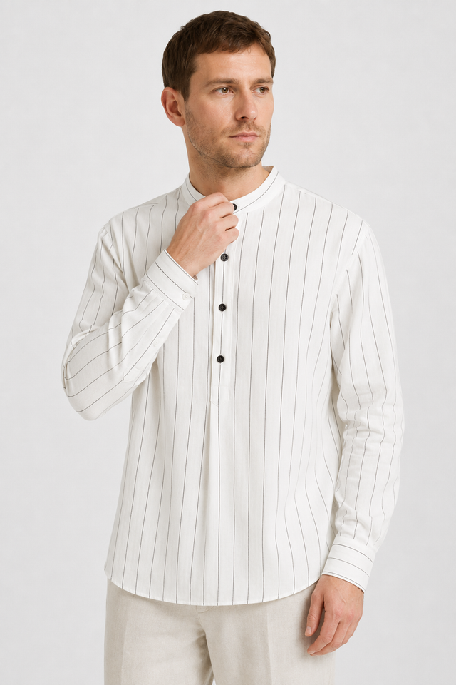 NOMU | Men's Striped Mandarin Collar Shirt – Long Sleeve Smart Casual Design