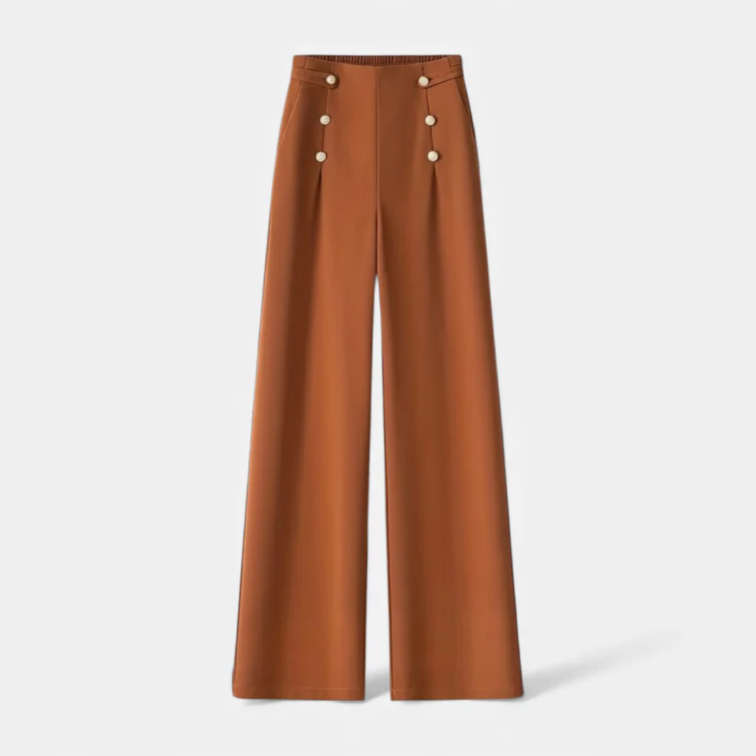 NOMU | Women's High-Waisted Wide Leg Trousers – Elegant Button Detail Palazzo Pants