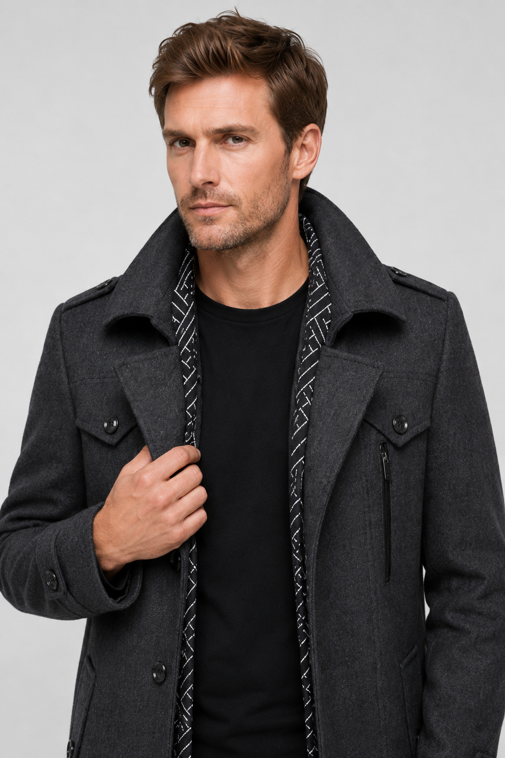 NOMU | Men's Wool Blend Military Overcoat – Tailored Button Front Coat