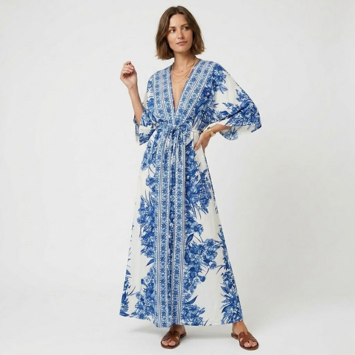 NOMU | Women's Printed Maxi Dress – V Neck Kimono Sleeve Tie Waist Relaxed Design
