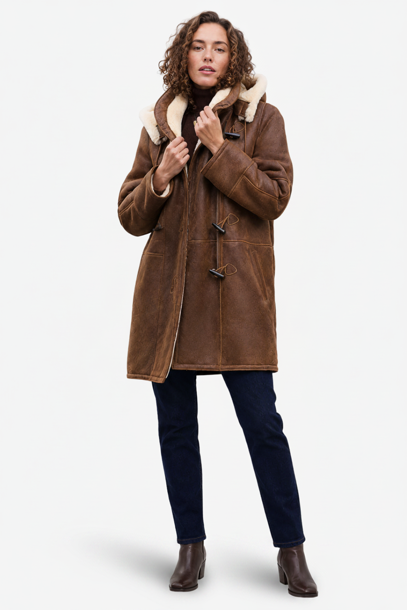 NOMU | Women's Shearling Coat – Hooded Toggle Front Longline Design