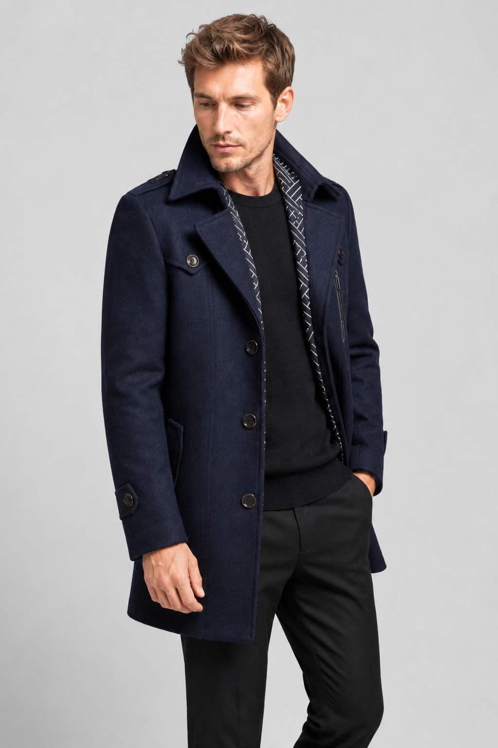 NOMU | Men's Wool Blend Military Overcoat – Tailored Button Front Coat