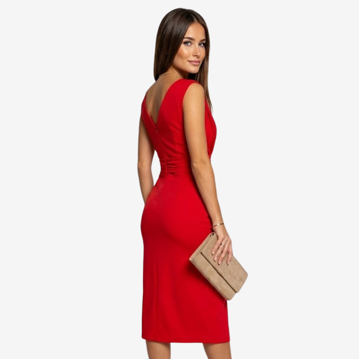 NOMU | Women's Ruched V-Neck Midi Dress – Elegant Sleeveless Party Dress
